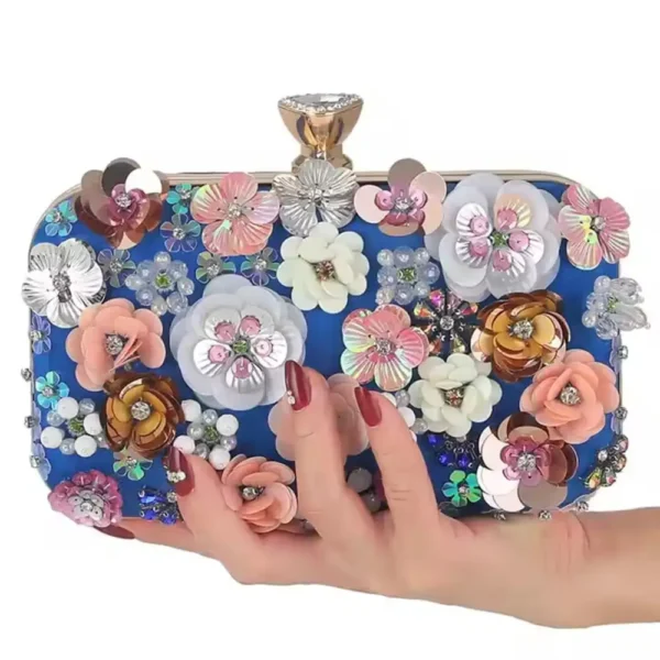Blue Exquisite Flower Beaded Banquet Bag - Image 3