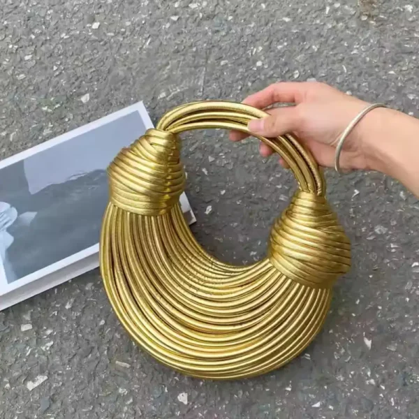 Golden Luxury Designer Woven Noodle Handbag - Image 4